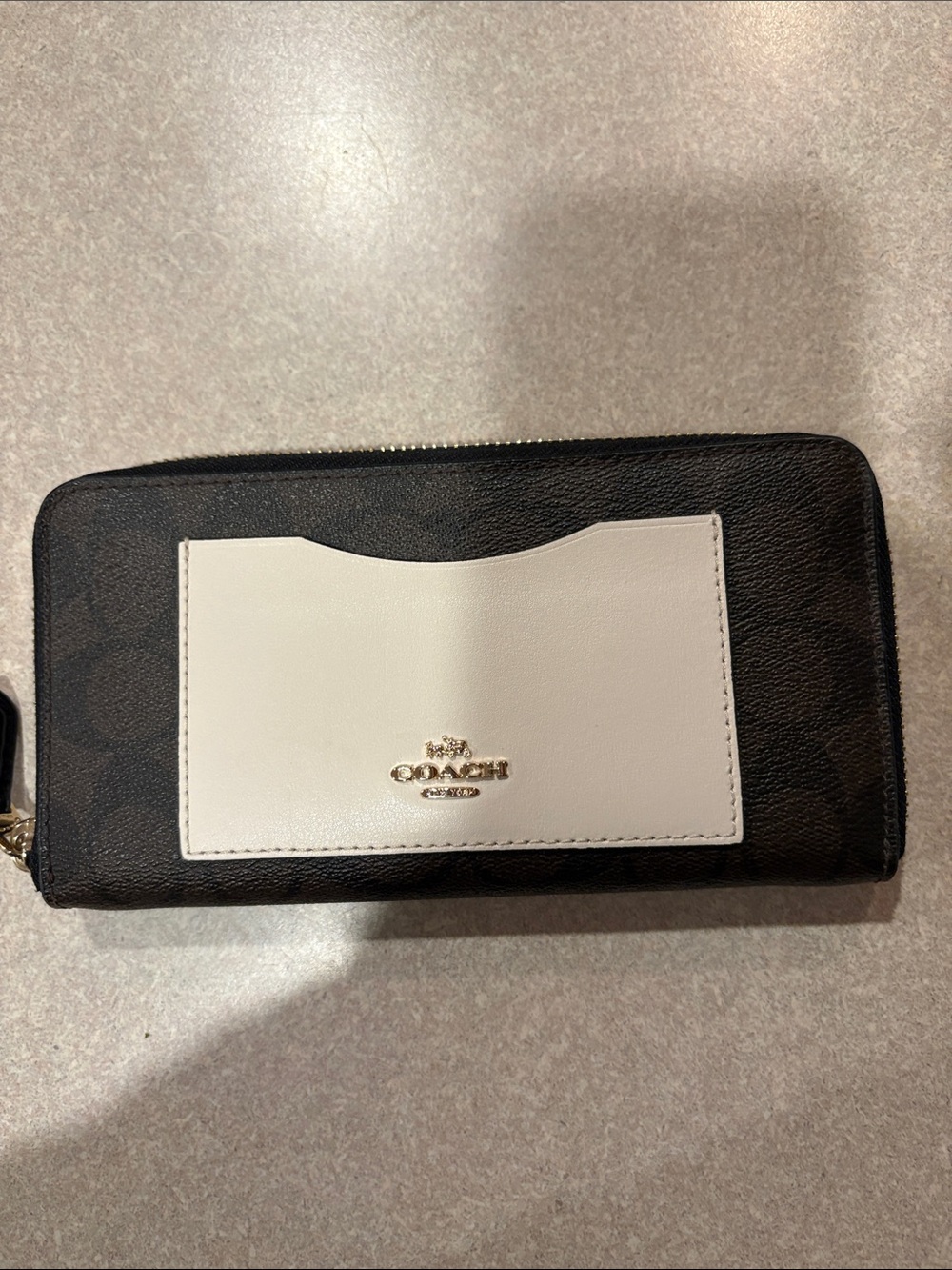 Coach Dark Brown Signature Zip Wallet with Black Trim